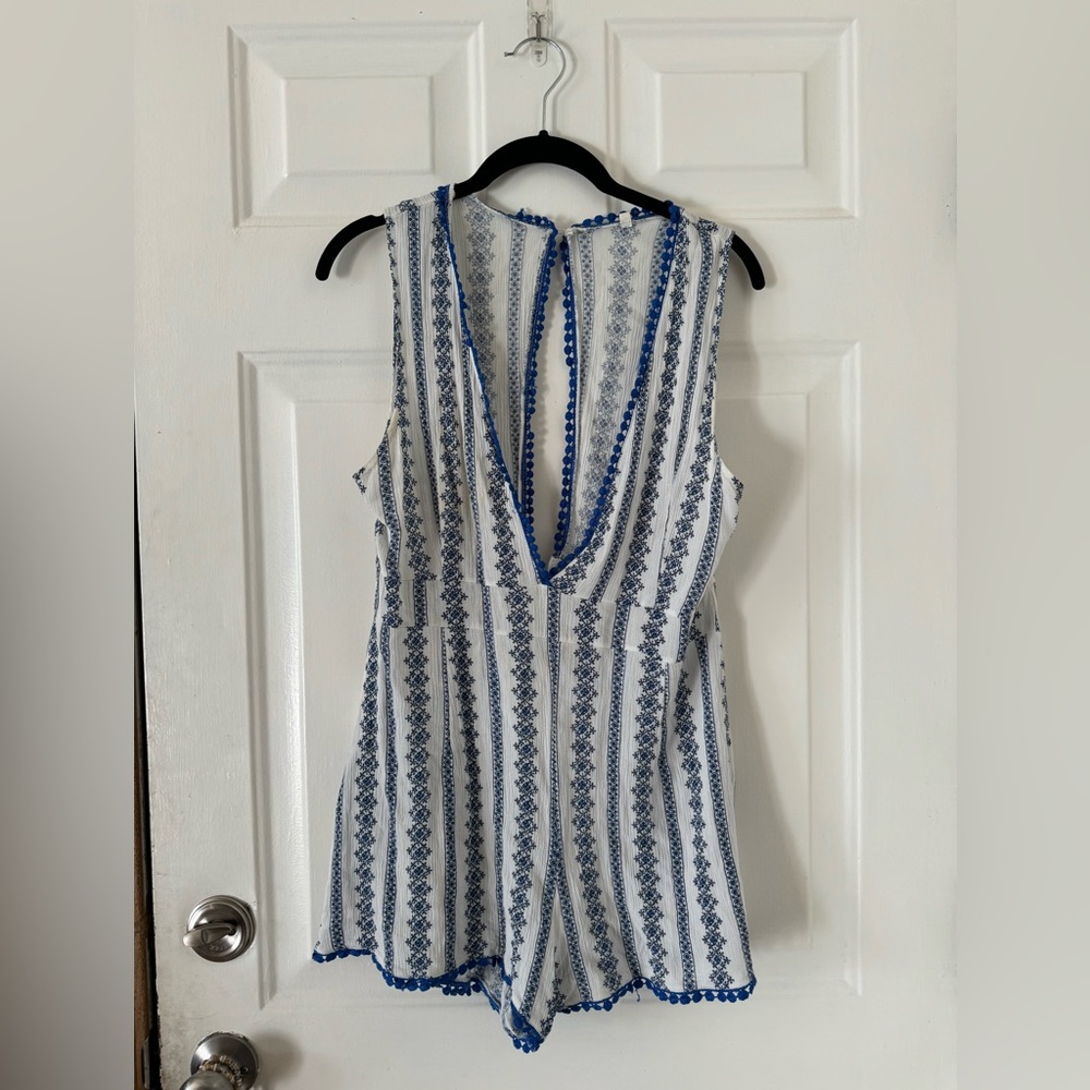 Vintage Blue and White Deep V Playsuit/Romper